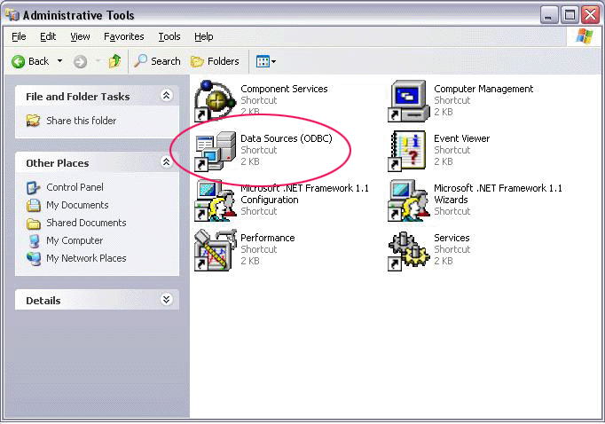 ODBC control panel